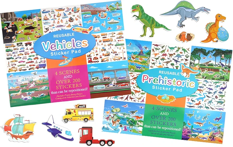 Reusable Sticker Pad Set:Vehicle and Dinosaur-Restickable Sticker Activity Playset for Kids Toddlers Boys Ages 2-4 4-8 Years. Includes Construction Cars Airplane Boat Dino,Removable - 2 Pack.