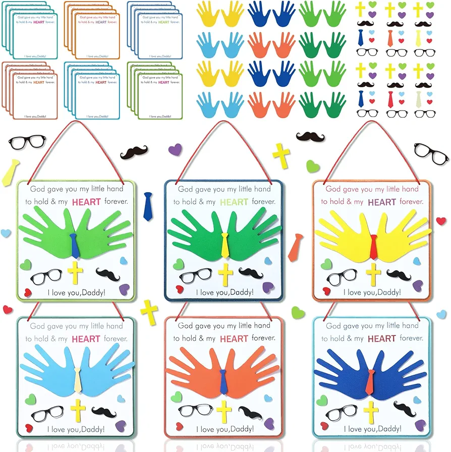 Lunmon 24 Set Father's Day Craft Kit for Kids Bulk Religious Father's Day Handprint Poem Kit DIY Craft Gifts from Kids to Father for Sunday School Father's Day Family Classroom Activities Art Projects