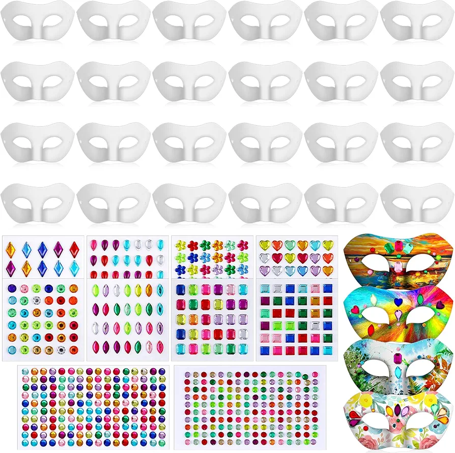 Leyndo 24 Pack Paper Mache Mask and Gem Stickers Blank Masks to Decorate Self Adhesive Jewels Stickers Half Face Art White Craft Masks for Cosplay