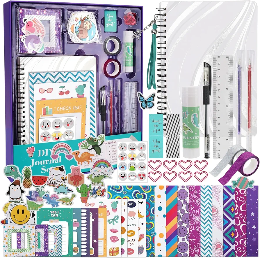 RANSANX DIY Journal Kit for Girls - 104pcs Scrapbook & Diary Supplies Set, Art Crafts Stationery Set Gifts for Girl Teens Teenage Kids 7 8 9 10 11 12 13 14 Years Old Birthday Christmas
