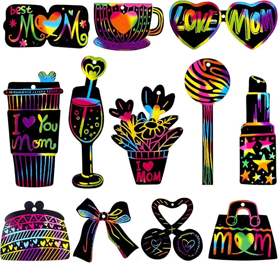 SICOHOME Mother's Day Scratch Art for Kids 24pcs Rainbow Scratch Paper for Mothers Day Black Scratch Art Paper for Kids DIY Mothers Day Gifts Card Kids Art Set with 10 Wooden Stylus and 24 Red Ropes