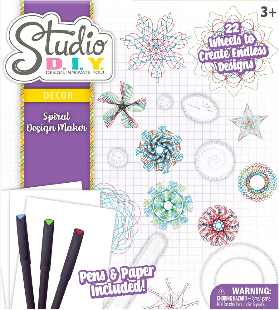 Sunny Days Entertainment Studio DIY Spiral Design Maker | Creative Art Set with 22 Spiral Wheels, Colored Pens, and 20 Sheets of Art Paper for Kids