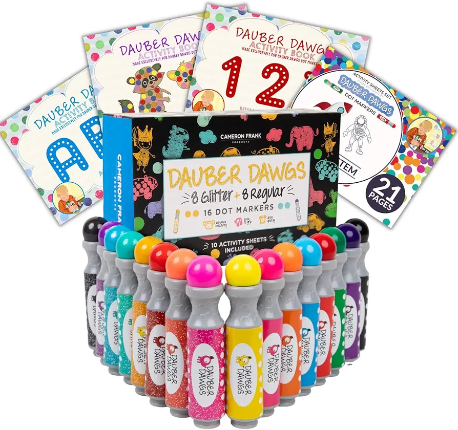 Washable Shimmer & Regular Dot Markers - 16 Pack Downloadable Activity Sheets For Kids, Toddler Art Activities, Preschool Children Arts Crafts Supplies Kit, Bingo Daubers Dabbers Dobbers, Dauber Dawgs