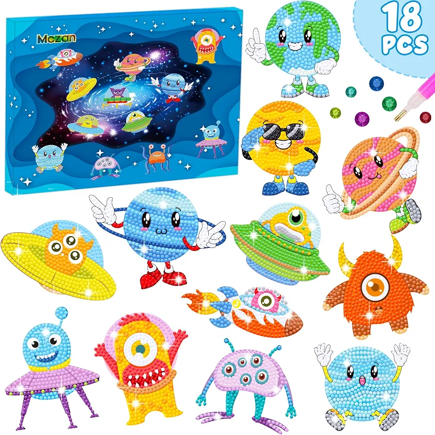 Mczan 18PCS Space Diamond Art Painting Kits,Diamond Strickers Arts and Crafts,5D DIY Diamond Dot Gem Sticker Art Kits for Boy Gril Beginners Gift,Space Diamond Strickers