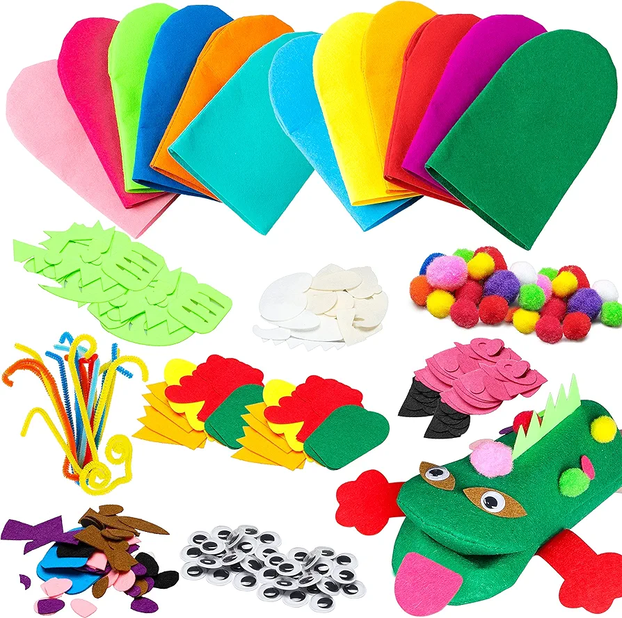 WATINC 12Pcs Hand Puppet Making Kit for Kids Art Craft Felt Sock Puppet Toys Creative DIY Make your Own Puppets Pompoms Storytelling Role Play Party Supplies for Girls Boys