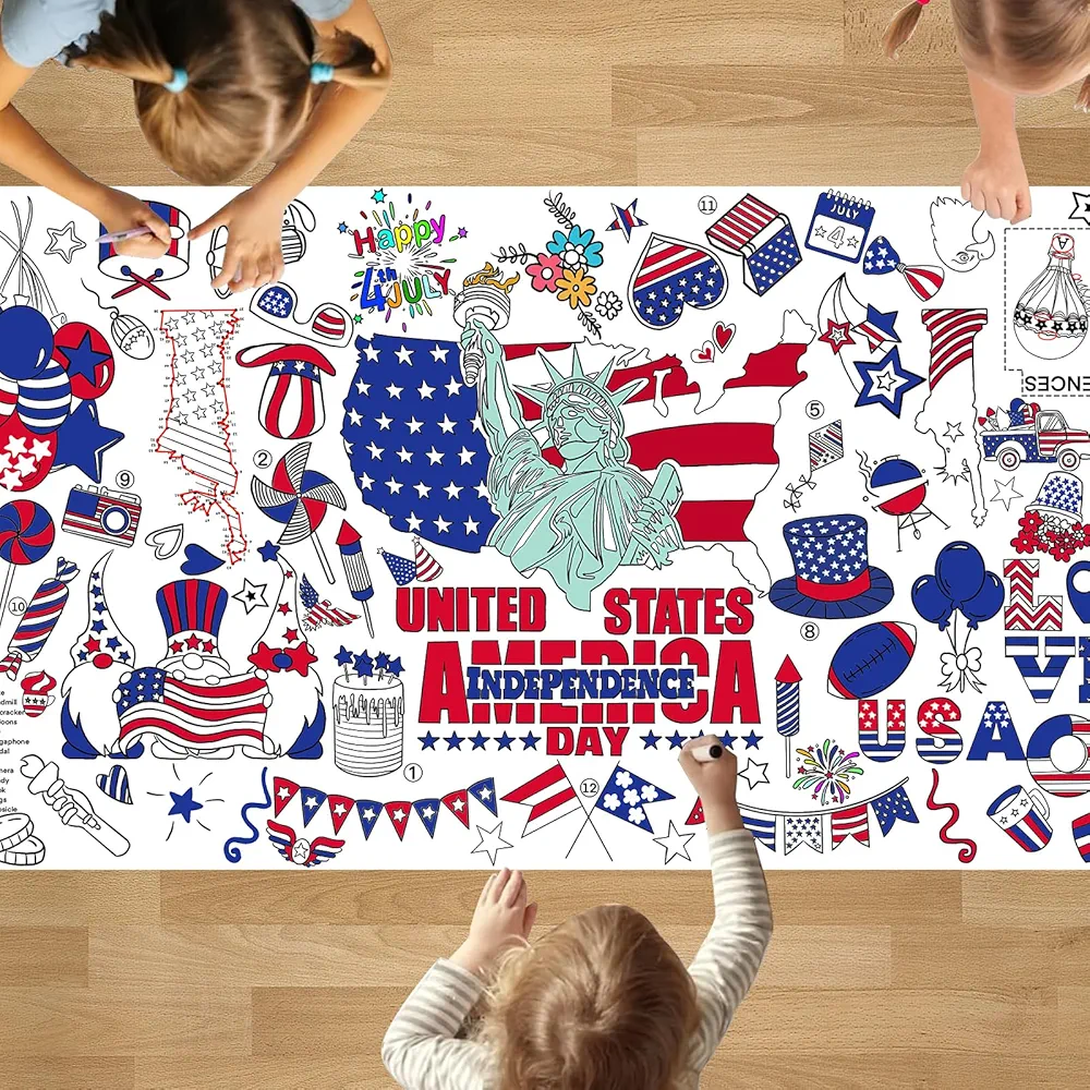 PADTIC Independence Day Giant Coloring Poster,35x72Inch 4th of July Drawing Paper Coloring Tablecloth,DIY Statue of Liberty American Flag Poster Table Cover,Kids Art Crafts Coloring Mat Tablecover