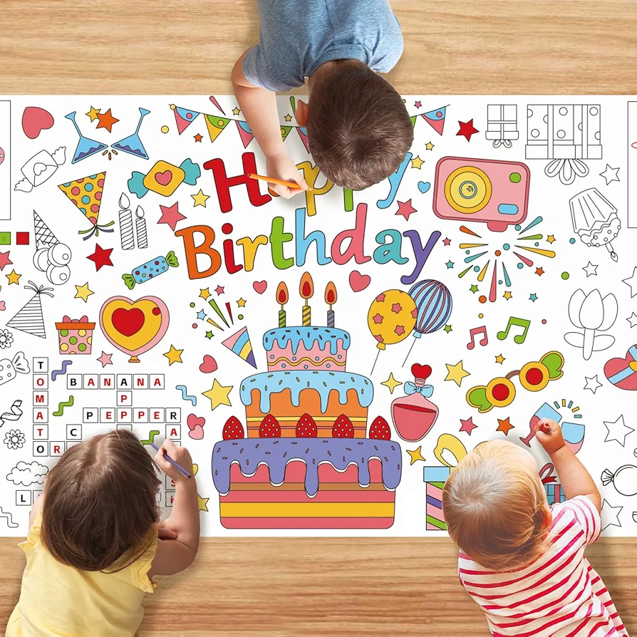 Happy Birthday Giant Coloring Poster, 31x72 Inches Coloring Tablecloth for Kids Coloring Mat Table Cover for Classroom Birthday Party Decorations Art Crafts Drawing Activities
