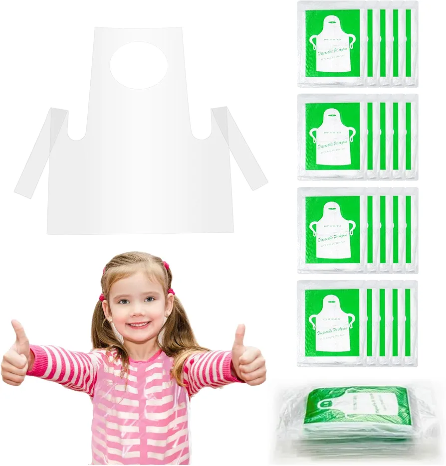 100 Pieces Disposable Aprons Plastic Aprons for Kids Clear Smocks Disposable Waterproof Oil Proof Toddler Art Apron Children Cooking Apron for Painting Cooking Eating Teaching DIY Craft Picnic