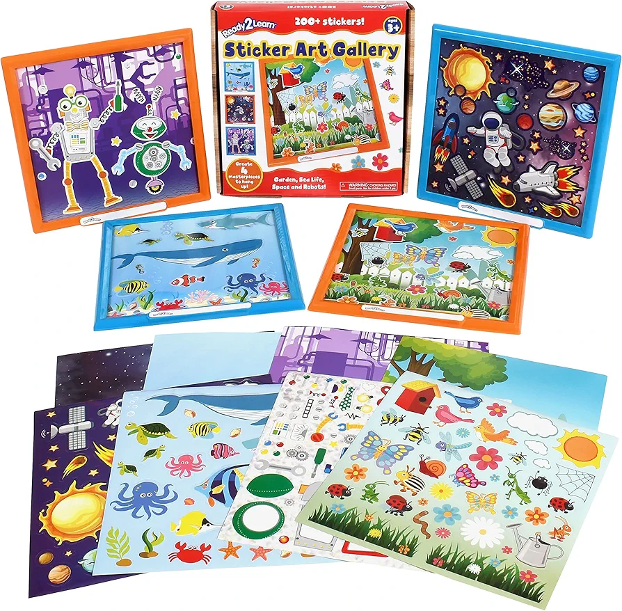 READY 2 LEARN Sticker Art Gallery - Craft Kit for Ages 3-5 - 200+ Stickers - 4 Backgrounds with Frames - Create Sea Life, Space, Robots, Garden Scenes