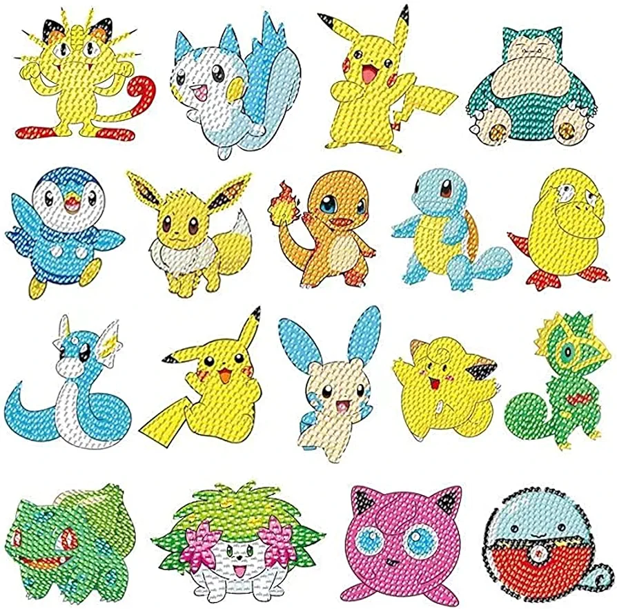 18 Pcs Diamond Art Stickers Kits for Kids, DIY Cartoon Paint by Numbers Diamonds Mosaic Stickers for Kids Arts Diamond Craft Stickers for Kids and Adult Beginners