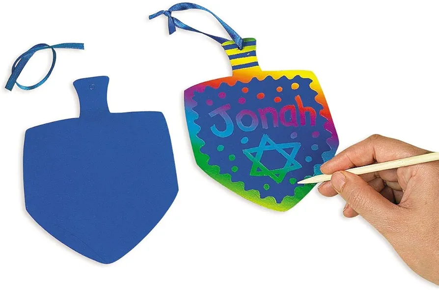 Dreidel Magic Color Scratch Hanging Craft Art Kit - Set of 24 with 12 Scratch Tools - Hanukkah Crafts for Kids