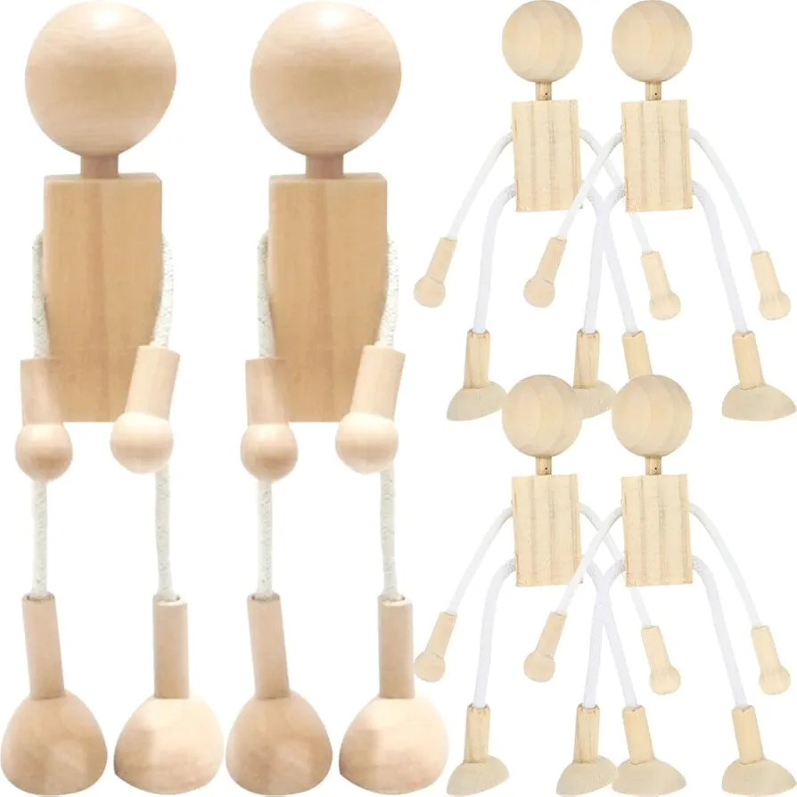 TEHAUX Wood Carving Kit 6pcs Unfinished Wooden Robot Doll Bodies Action Figures Model Adjustable Wooden Figures Movable Joints Dolls for Painting Craft Art Projects Decoration Wood Decor