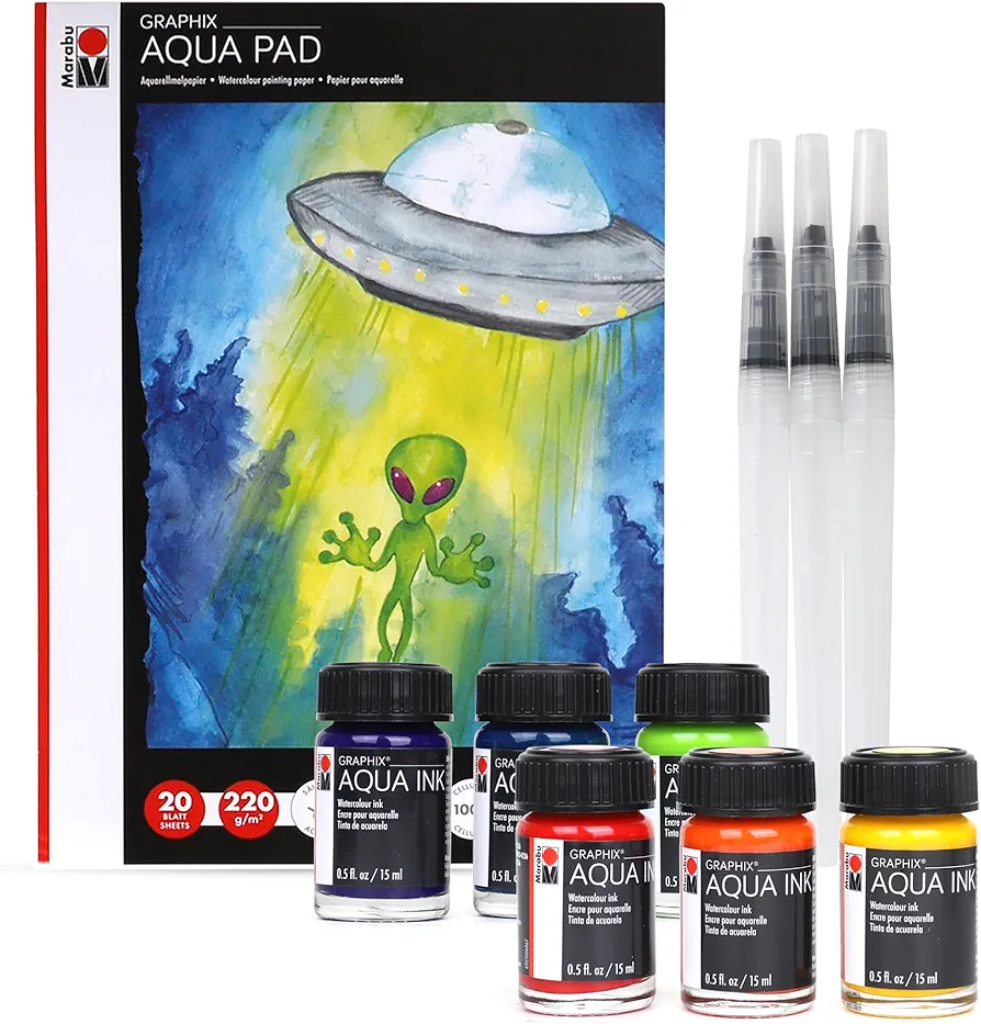 Marabu Watercolor Paint Set - Watercolor Paper Pad with 20 Sheets, A4 220 GSM - 6 Watercolor Inks, 3 Refillable Water Brushes - Watercolor Kit for Adults and Kids