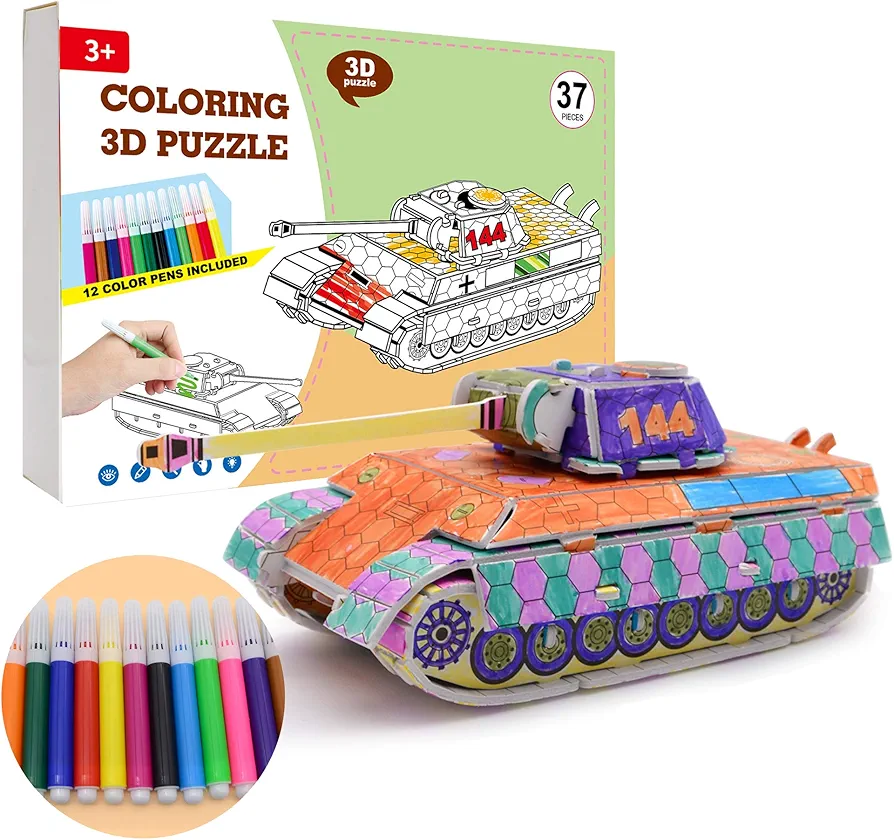 QUN FENG 3D Puzzle Set Art Coloring Painting 3D Puzzle Arts and Crafts for Kids Age 7 8 9 10 11 12. Fun Creative DIY Gift for Girls and Boy Doodle, tank