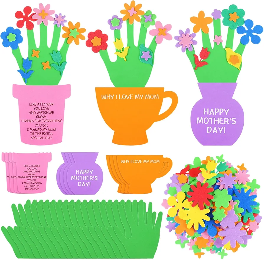 12 Sets Mother’s Day Flower Handprint Craft Kit Mother Day Craft for Kids Handprint Flower Pot DIY Foam Spring Crafts Happy Mother's Day Decorations for Home School Classroom Fun Activities, 3 Designs