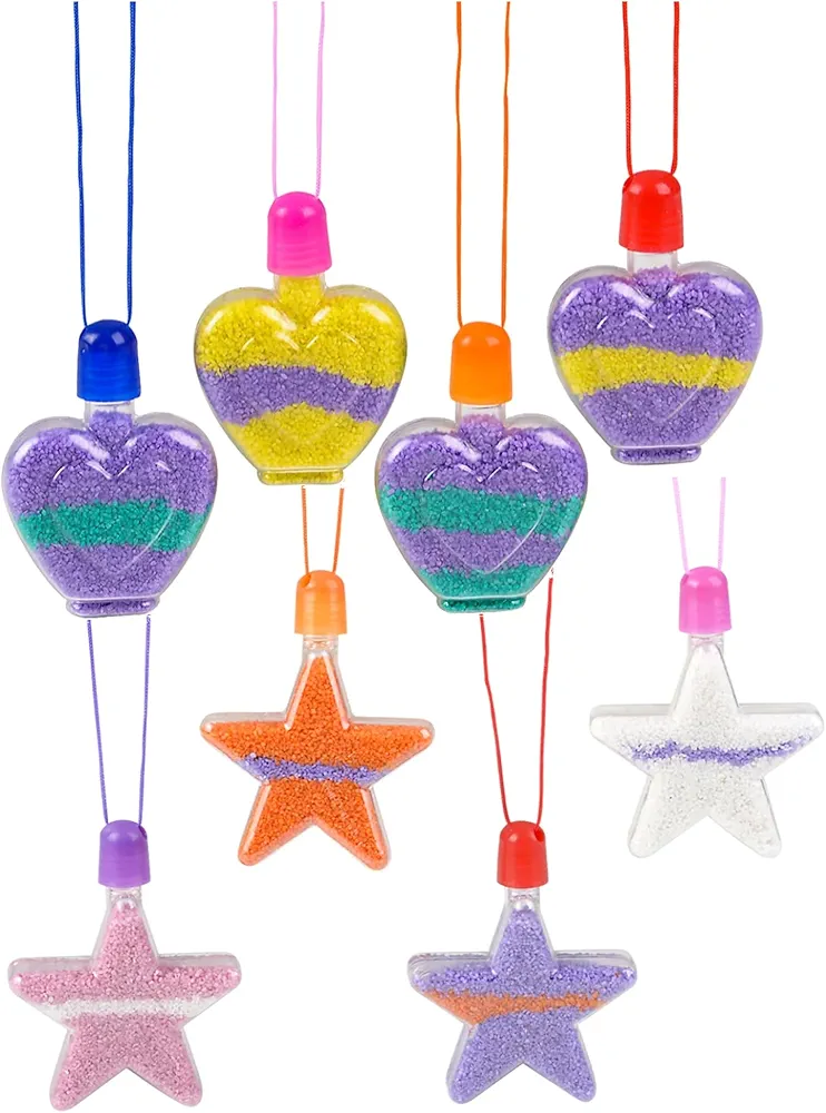 Nikki's Knick Knacks Star and Heart Shaped Sand Art Bottle Necklaces - Make Your Own Sand Art Bottle Necklace Craft Kit Party Favors- 24 Piece, Clear