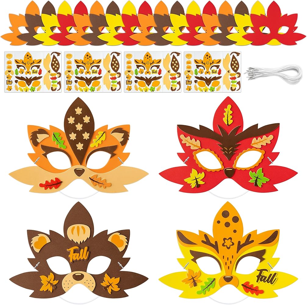 16Pcs Fall Maple Leaf Mask Craft Kits for Kids Make Your Own Foam Woodland Animal 3D Masks DIY Autumn Stickers Mask Fall Harvest Thanksgiving Party Favor Art Project Family Classroom Activity