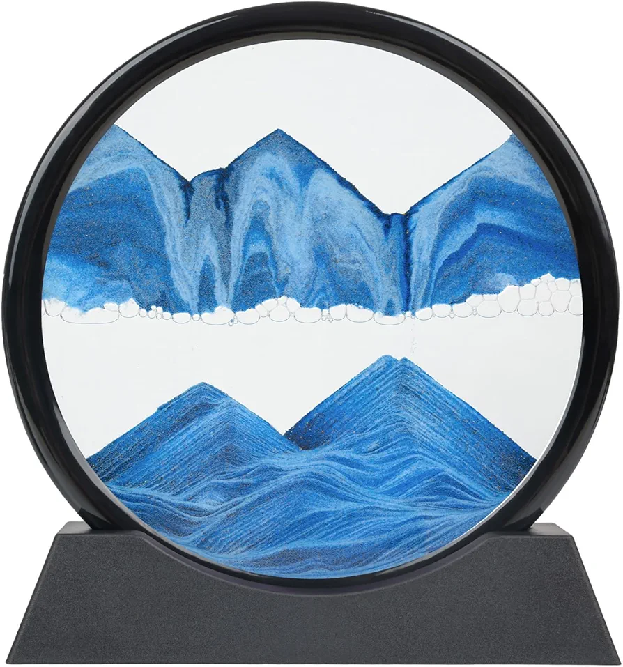 MXYATCJ 7-Inch Moving Sand Art, Sand Art Liquid Motion, 3D Deep Sea Landscape Liquid Motion, Round Frame Display Flowing, Sand Relaxing Gift for Kids & Adults, Home Office Work Desktop Decor (Blue)