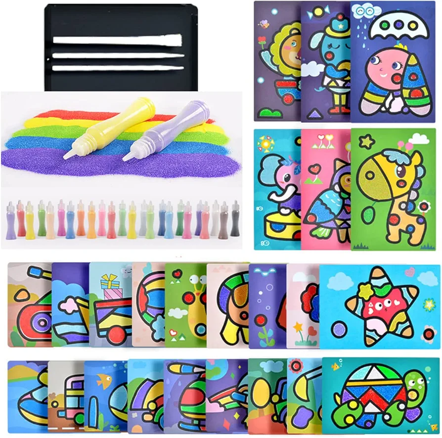 Mistari Peel and Sand Art Kits Sheets for Kids with 42 Sheets Sand Art Painting Cards and 2 Pcs Scratch Sticks Crafts (24 Colors+42 Sheets)