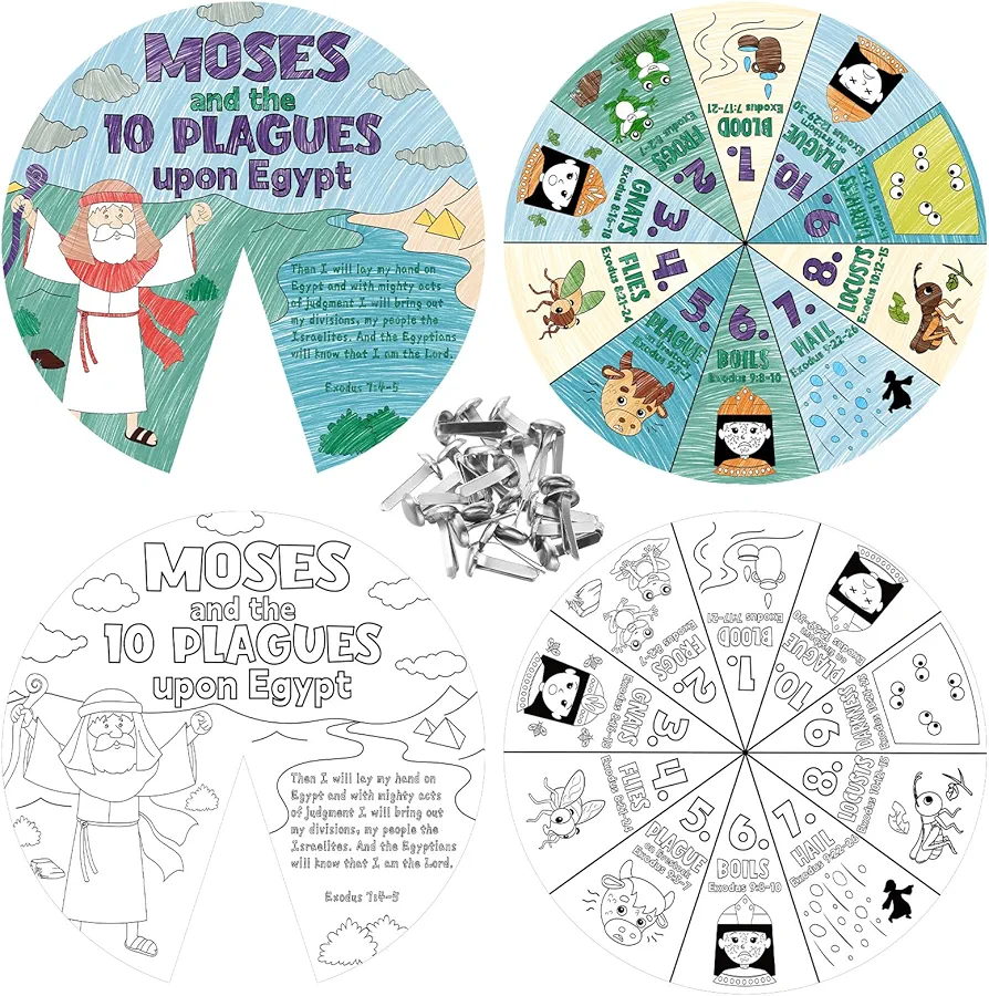 24 Sets Color Your Own 10 Plagues of Egypt Wheel Sunday School Crafts for Kids Christian Religious Crafts for Classroom Home DIY VBS Activities