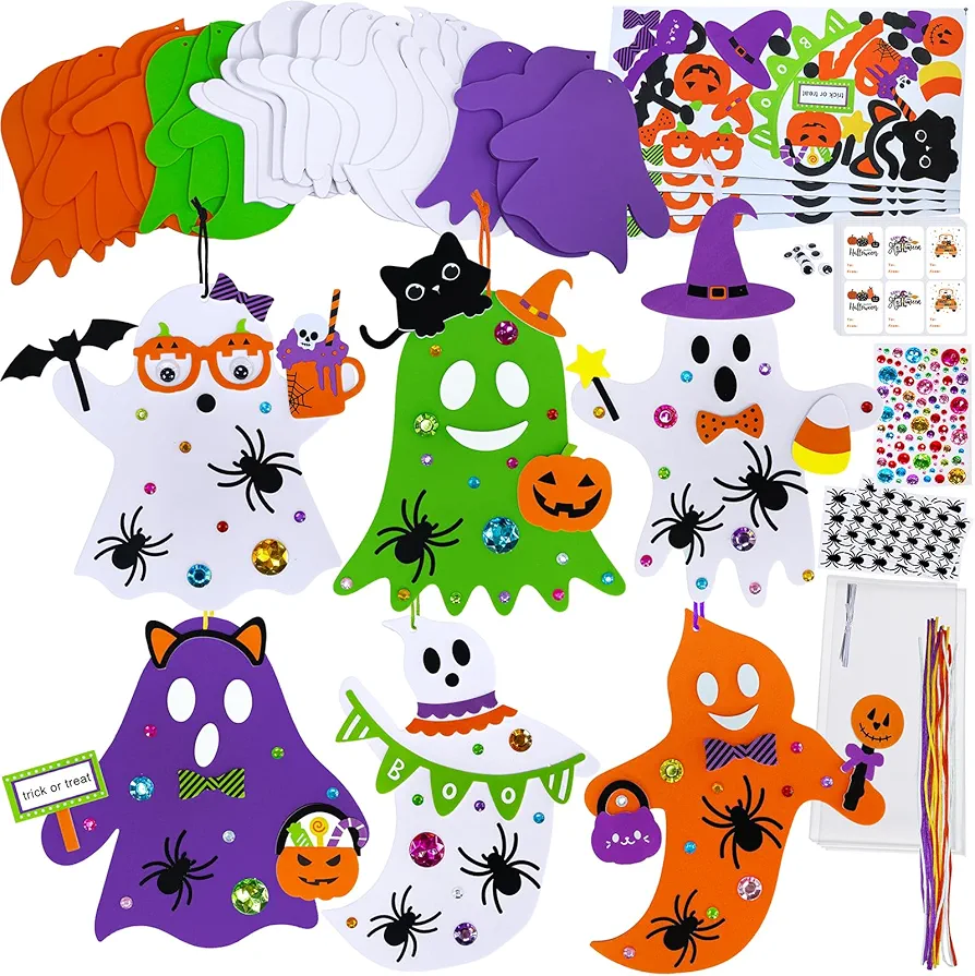 Winlyn 24 Sets Halloween Ghost Tree Ornaments Decorations Craft Kits DIY Halloween Ghost Art Sets Foam Ghost Shape with Halloween Stickers Fall Crafts for Halloween Party Favors Classroom Activities