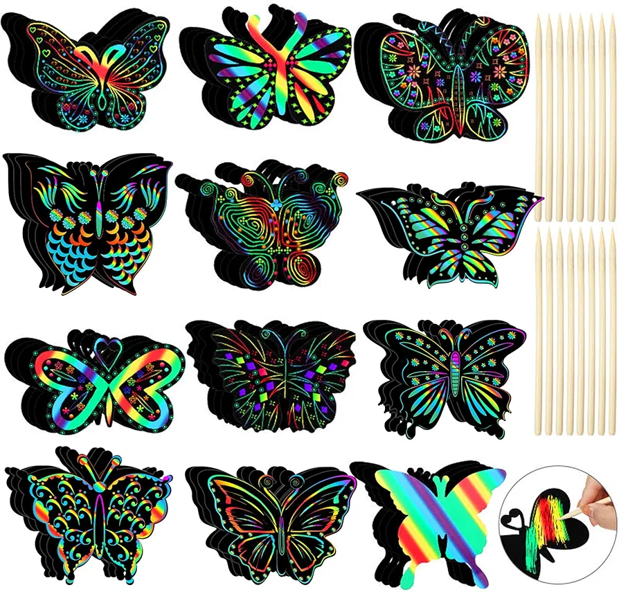 Sratte 48 Pcs Butterfly Scratch Cards for Kids Rainbow Spring Scratch Crafts 12 Styles Scratch Off Butterfly Party Favors for DIY Crafts Home Decoration Art Project Games, Bamboo Stylus Included