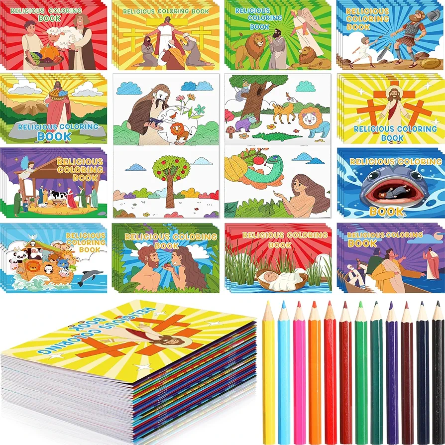 Trandraft 48 Pack Large Religious Coloring Books with 24 Colored Pencils Bible Story Christian Coloring Books for Sunday School Vbs Rewards Basket Fillers Crafts Classroom Artwork Gift for Kids Adults