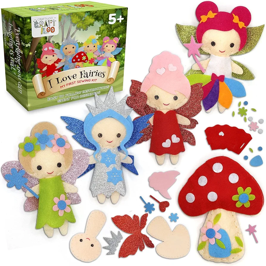 CRAFTILOO Fairy Sewing kits for little girls 5 Easy Projects for Children Beginners Sewing kit kid crafts Make Your Own Felt Pillow Plush Craft Kit My First Sewing Kit Learn to Sew Kit