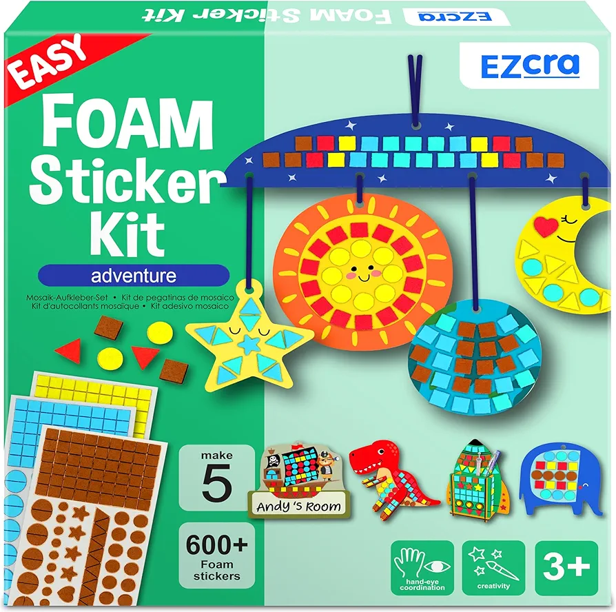 EZCRA Easy Arts and Crafts for Kids - Fun Foam Sticker Kit - 5 Cute Projects for Boys, Over 600 Stickers - Art Supplies and Art Kit for Kids - Gifts & Toys for Boys and Girls Age 3,4,5,6,7,8