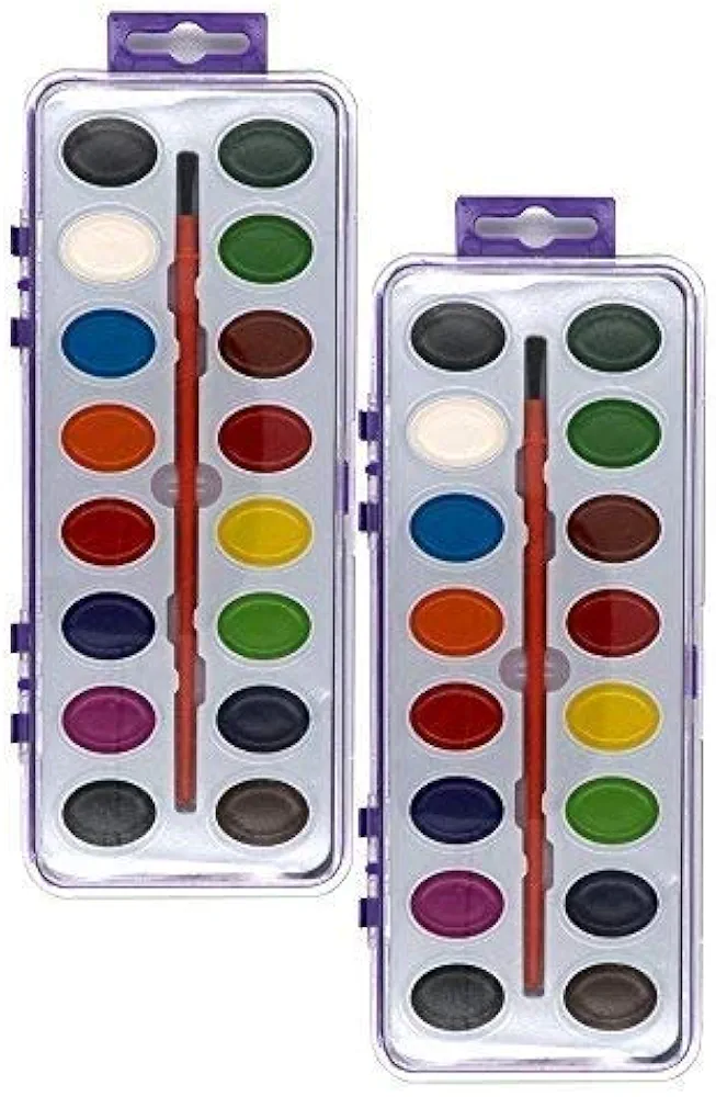 Emraw Assorted 16 Ct Color Washable Paint Easy Take-Off Semi Moist Watercolors with Brush Art Craft Tool - for School & Home (Pack of 2)