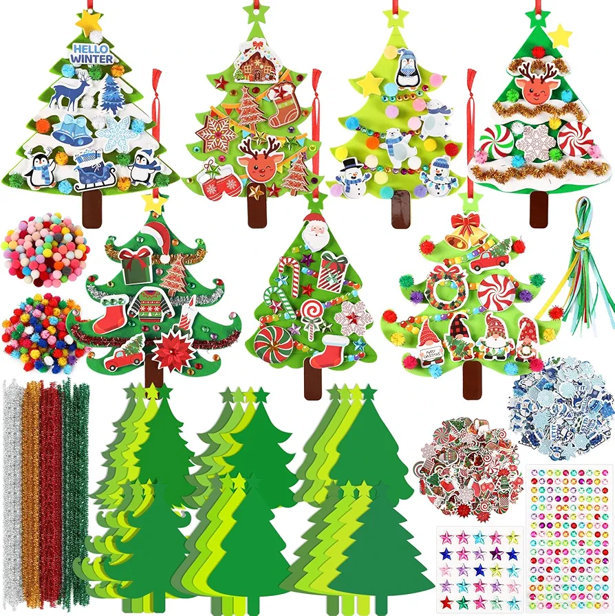SEPGLITTER 24 Sets Christmas Tree Craft Kits DIY Ornaments Winter Snowman Santa Penguin Snowflake Foam Stickers for Kids Xmas Holiday Party Favors Home Classroom Activities Decorations