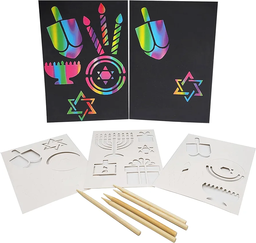 The Dreidel Company Hanukkah Scratch Stencil Art Kit, Rainbow Scratch Art for Kids with Stencils, Bookmarks & Holiday Themed Shapes, Magic Drawing Coloring Sheet Set School Decor (12-Pack)