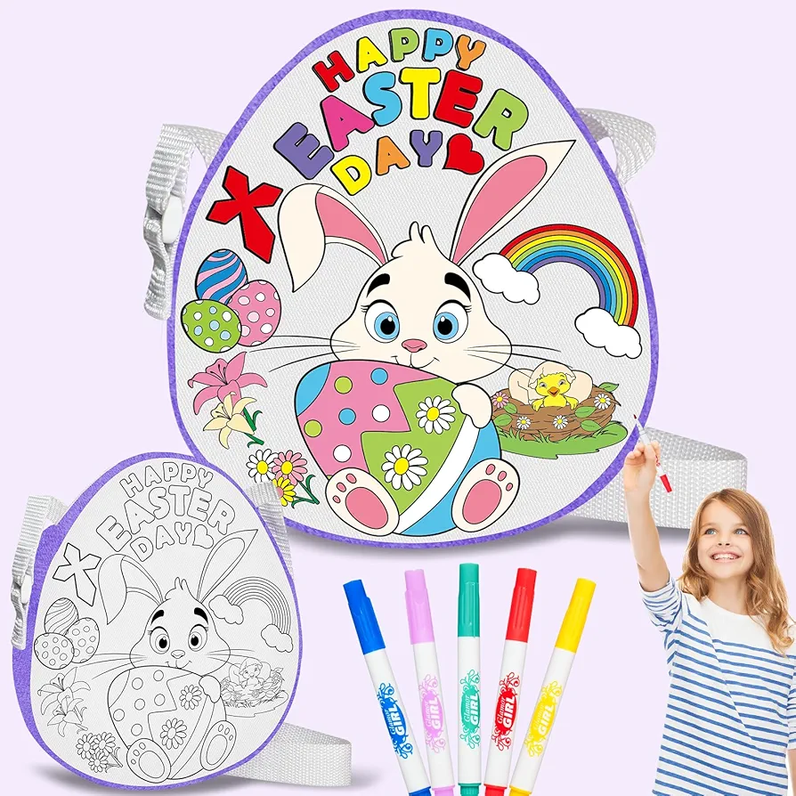 Easter Coloring Bag Egg Decorating Kit - Easter DIY Arts Crafts Bag Set with 5 Colorful Markers, Easter Bunny Pattern Painting Activities for Kids, Easter Basket Stuffers Gifts for Girls Boys