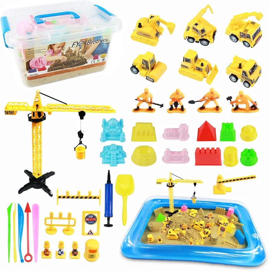 FYZ Brothers Play Sand Kit for Kids, 40 Pcs Sandbox Toys Set, 3lbs Sensory Sand, Sand Molding Tools, Construction Toys and Signs, Christmas Gift for Boys and Girls