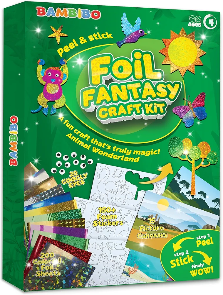 Bambibo Foil Craft for Kids - Mega Pack, 200 Foil Art & Craft Activity Sheets | 15 Canvases Foil Fantasy Craft Kits & Supplies | Fun Foil for Kids | DIY Foil Art for Kids Ages 4 5 6 7 8