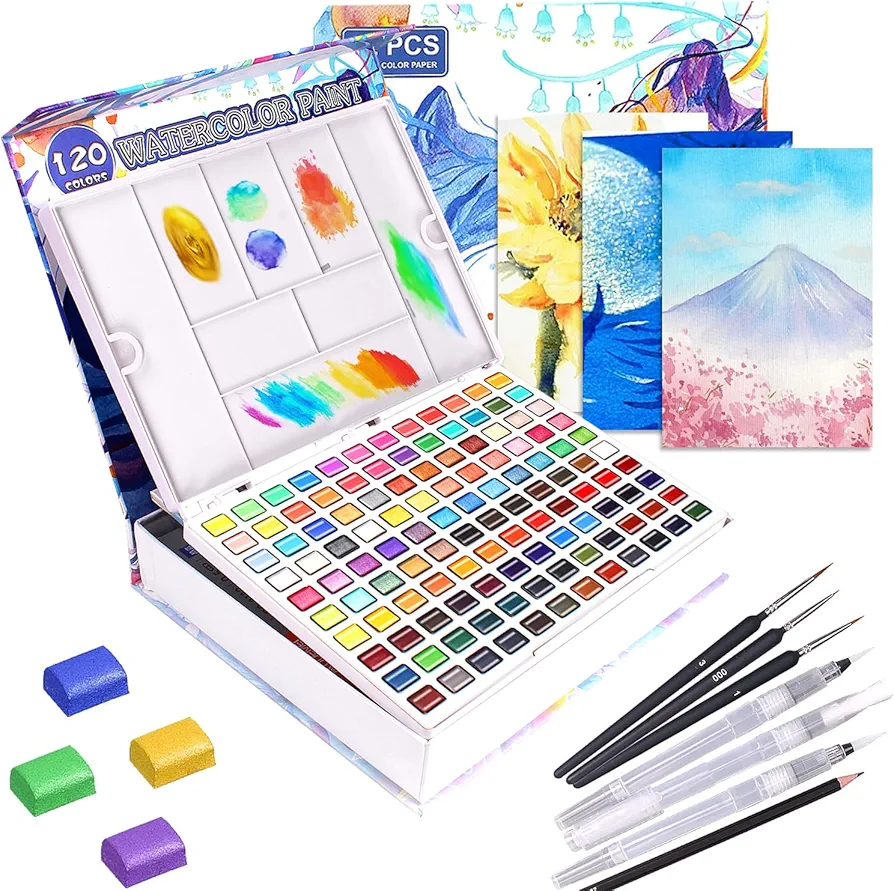 Gunsamg Watercolor Paint Set 120 Colors In Portable Box With Palette Including 12 Fluorescent Colors 15 Macron Colors And 33 Metallic Colors For Artists Adults