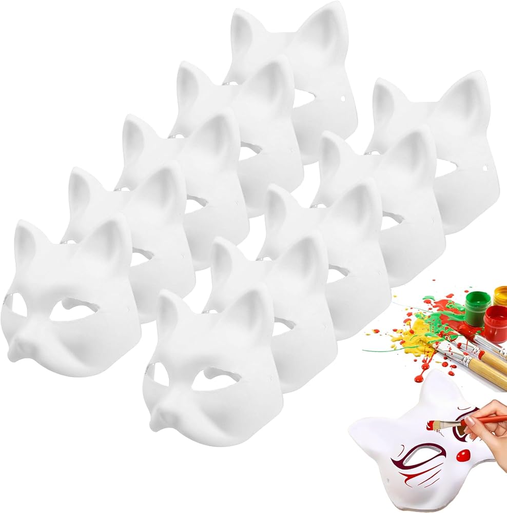 10PCS DIY Paintable White Cat Mask Set - Blank DIY Hand Painted Fox Cats Masks to Paint for Birthday Party,Halloween,Theater Performances,Family Bonding Activities,Masquerade Cosplay Accessories