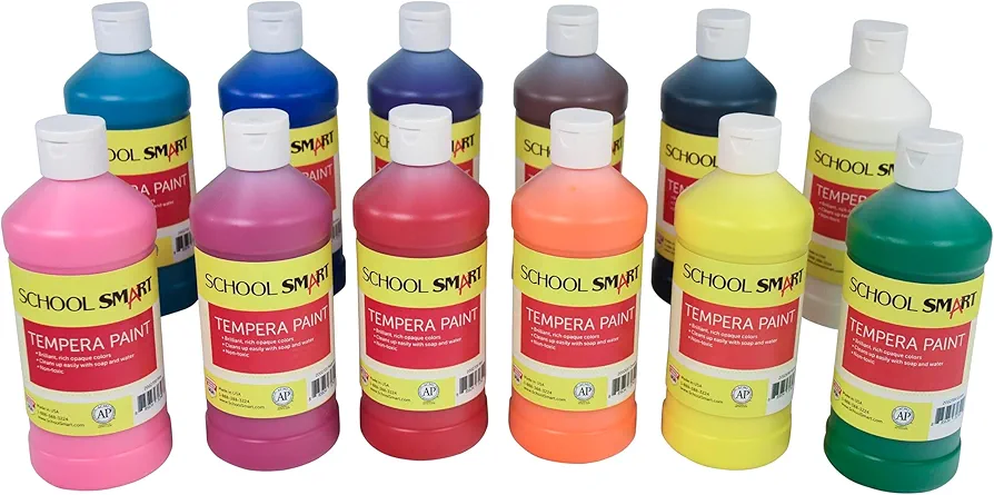 School Smart Tempera Paints for School and Arts and Crafts Use, 16 Ounces Each, Assorted Colors, Set of 12