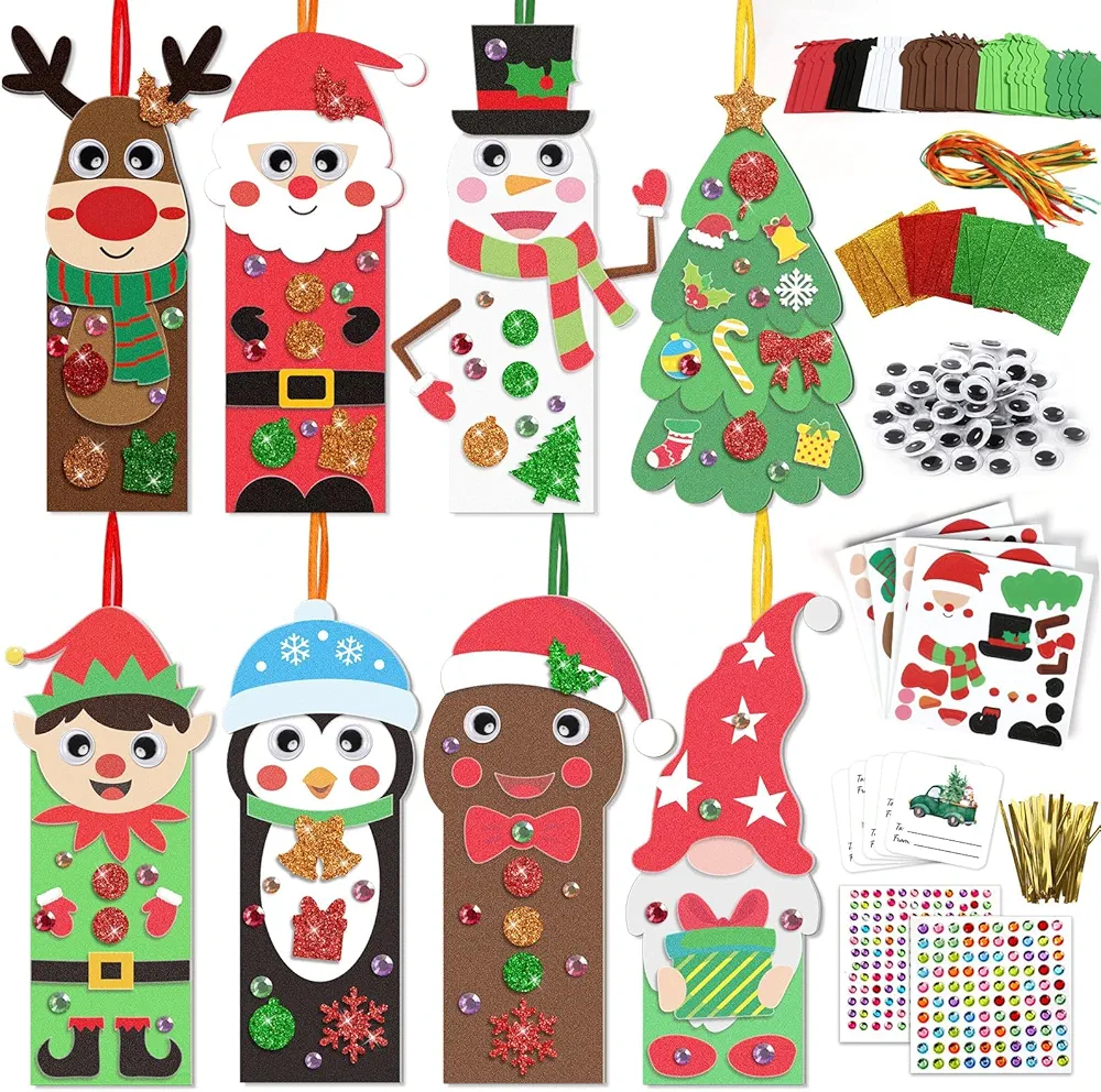 Qyeahkj 500pcs Christmas Craft Kits for Kids, 32 Sets DIY 3D Holiday Bookmarks Ornaments Decorations, Santa Reindeer Foam Felt Stickers Arts and Crafts for Kids Xmas Winter Classroom Activities