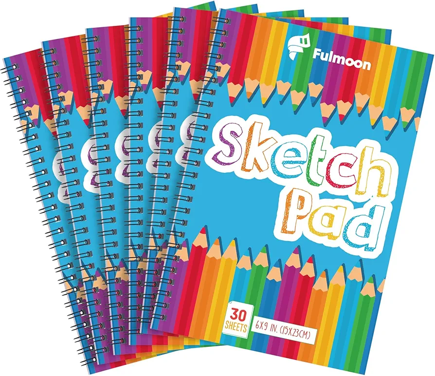 Fulmoon Sketch Pad for Kids 30 Sheets Sketch Book Bulk Spiral Drawing Pad Drawing Paper Coloring Drawing Book for Kids Teens Adults Crayons Pencils School Office Art Supplies, 6 x 9 Inch (25 Pcs)