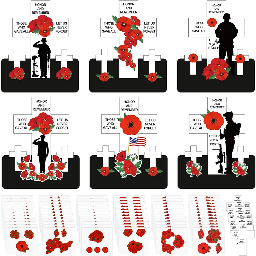 24 Set Veterans Day Crafts Kits Patriotic Cross Craft Poppy DIY Art Projects Paper Craft Kit Honor Patriot Day Gifts VBS Sunday School Craft Kit for Kids Home Classroom Activities
