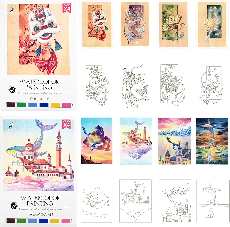 DIY Watercolor Painting Paper Kit Line Sketch Watercolor Coloring Paper(117lb/250gsm) Watercolor Drawing Set Art Craft Gift for Teens and Adults Beginners(Fantasy Chinese Style)…