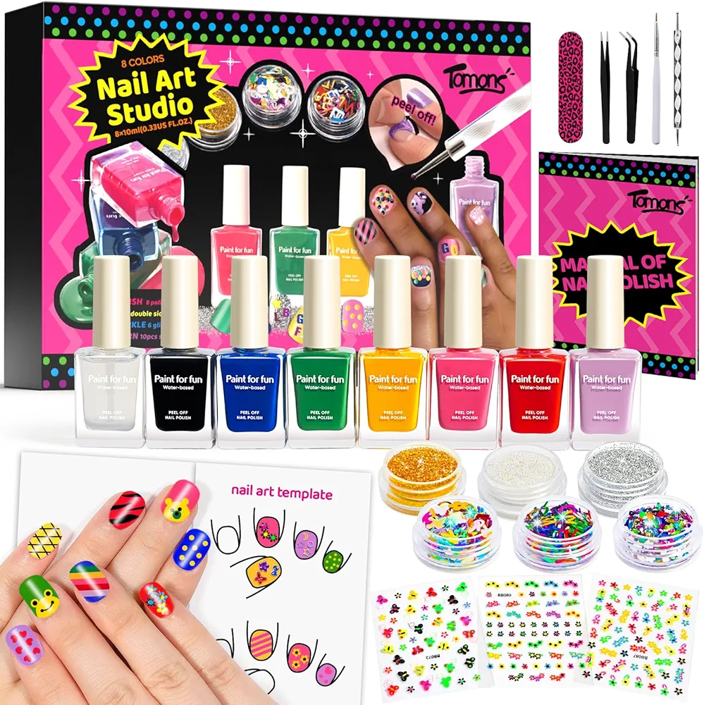 Tomons Nail Polish Set Non Toxic Kids Nail Polish Kit for Kids Ages 7-12, Birthday Gifts for 6 7 8 9 10 11 12 Year Old Girl, Glitter, Sequins, Stickers, Nail Art Kit Tools- 8 Colors