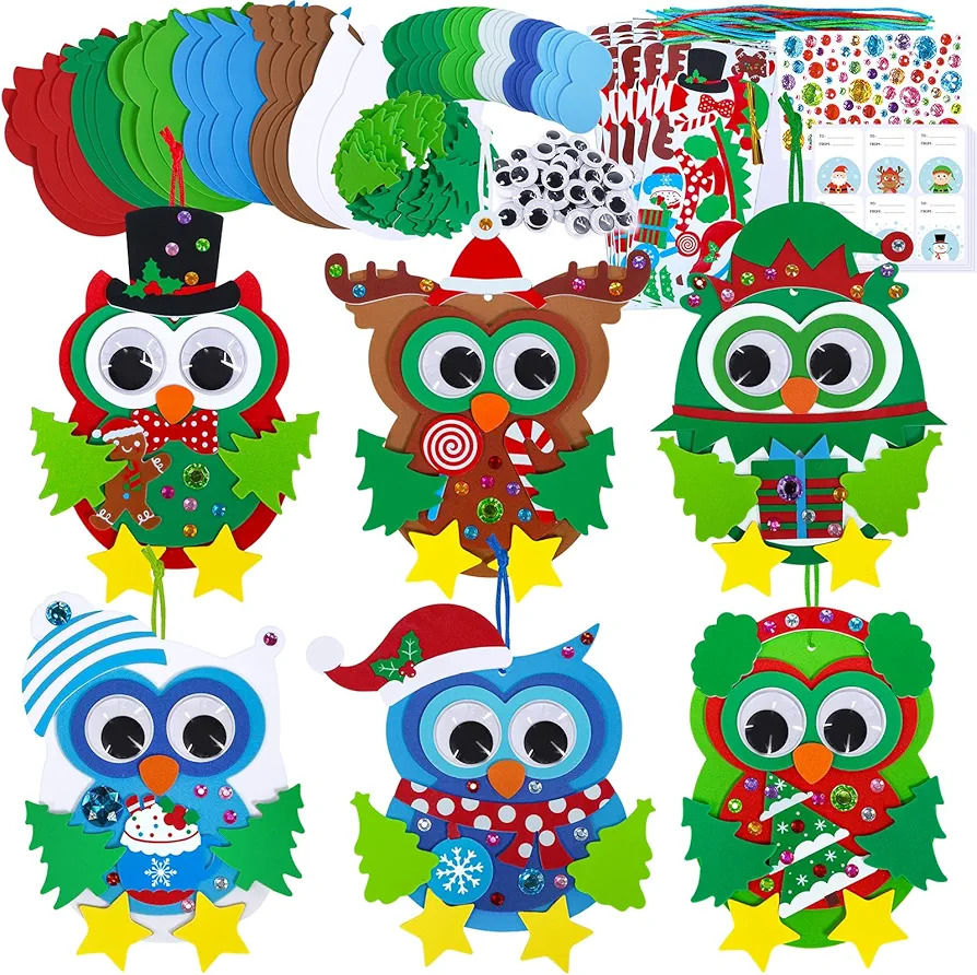 Winlyn 24 Sets Christmas Craft Kits Winter Crafts DIY Christmas Owl Ornaments Decorations Art Sets Foam Owl Christmas Tree Holiday Stickers for Kids Festival Home Classroom Activities Party Favors
