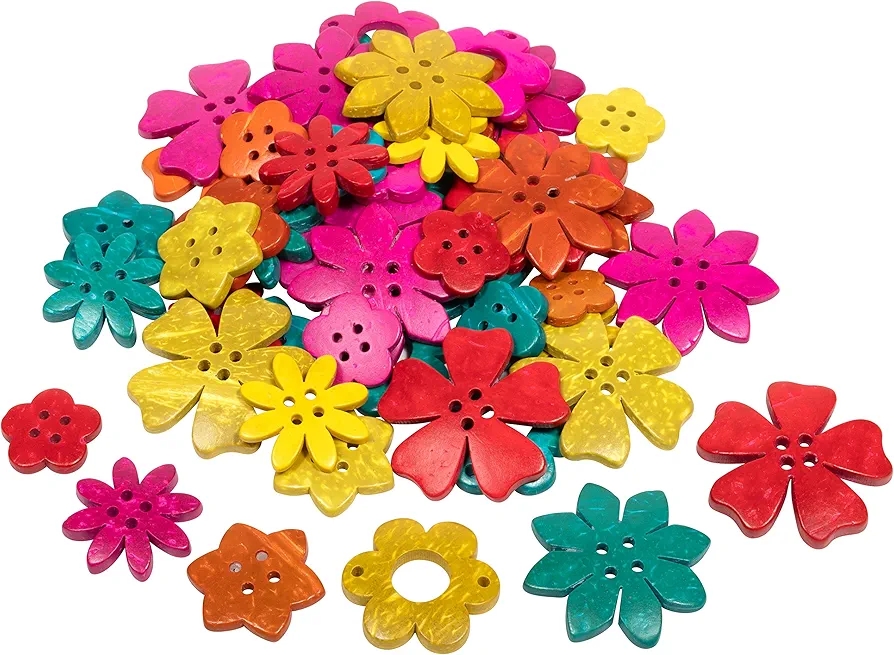 READY 2 LEARN Coconut Flowers - Set of 50 - 6 Shapes - 5 Colors - Natural, Hand Made Counters for Kids - Use for Crafts and Jewlry Making