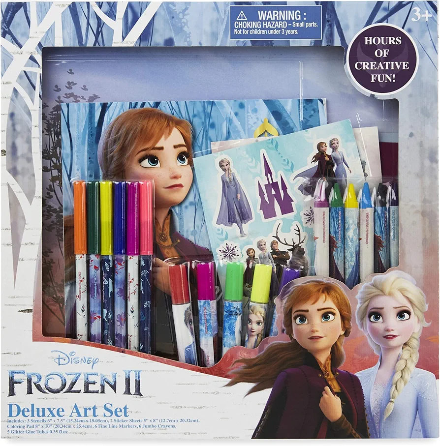 Frozen 2 Deluxe DIY Art Supplies Set with Stencils, Sticker Sheets, Coloring Pad, Markers, Jumbo Crayons, and Glitter Glue