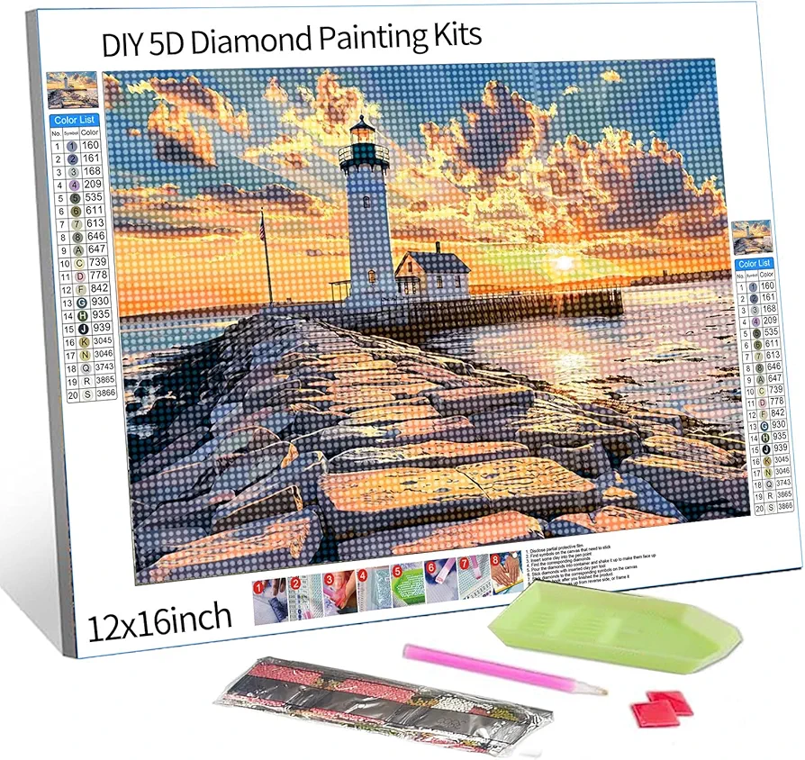 Seascape at Sunset Diamond Painting DIY 5D, Numbering Kit, American Portland Head Lighthouse House Wall Art Crystal Rhinestone Embroidery Painting Home Decor Adults Landscape Gift(12''Wx 16''H)