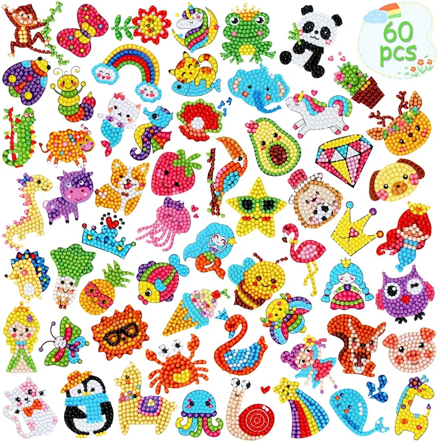 GWAHSA 60pcs 5D Diamond Art Stickers Arts and Crafts Creative Gem Art Paint by Number Kits for Kids Ages 4-6 6-8 8-12 Boys Girls DIY Mosaic Stickers Toys for Birthday Party Halloween Christmas Gifts