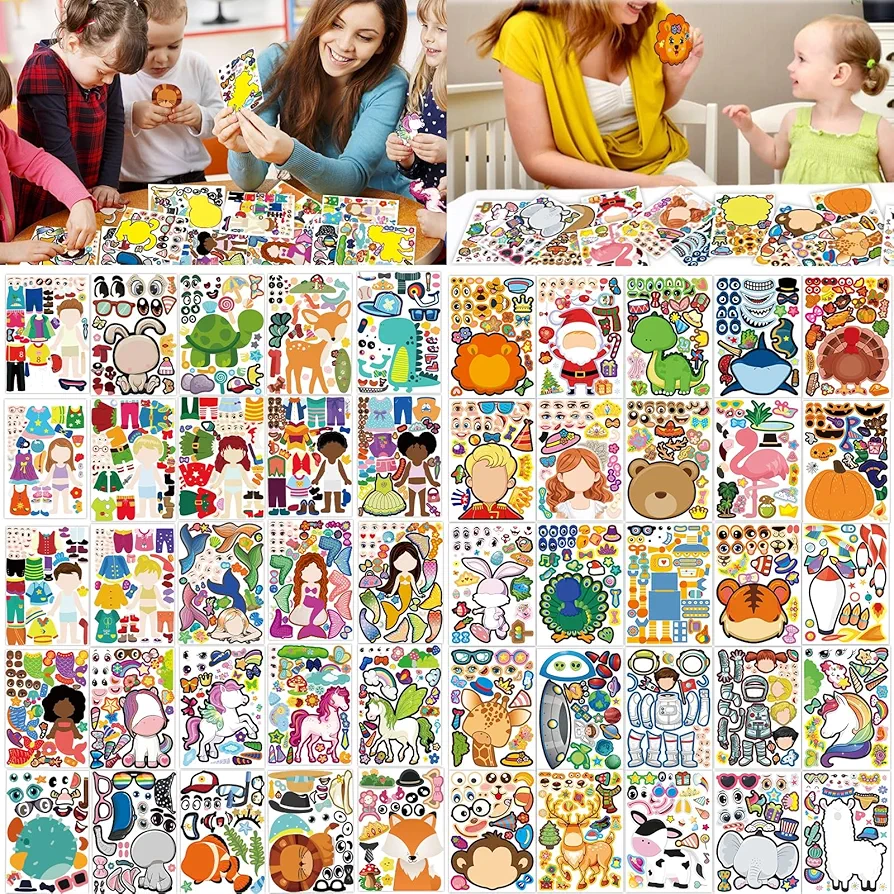 Kids Stickers - 200 Sheets Animal Face Stickers with 50 Designs DIY make your own stickers, Party Favor for Toddlers Festival Art Craft School Family Reward