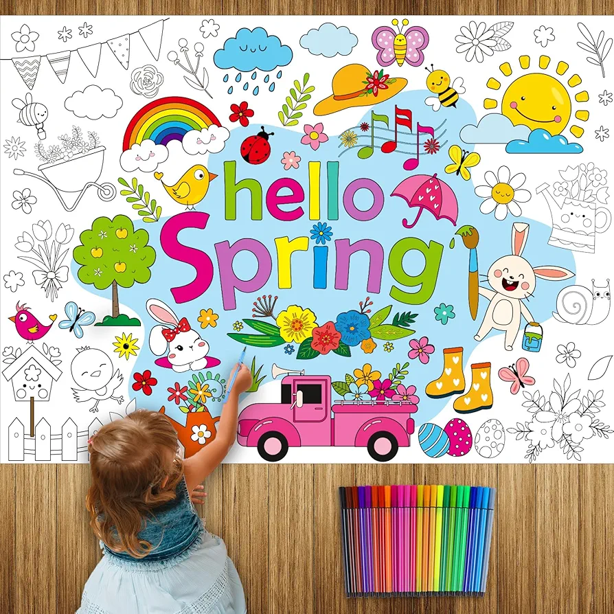 Kepeel Spring Giant Coloring Poster with 24 Colored Paint Pens Hello Spring Large Coloring Books Tablecloth Art Craft for Kids Classroom Activity Home Party Decor Supplies Favor 43.3 x 31.5 Inch